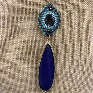 Agate Dyed Dark Blue with Western Beaded Design Necklace #casual #western